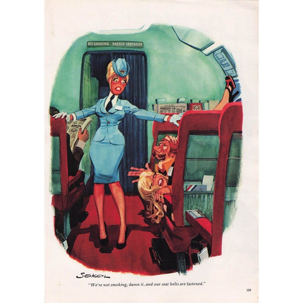 Vintage sexy Cartoon Art funny humor airplane smoking high heel stewardess sokol